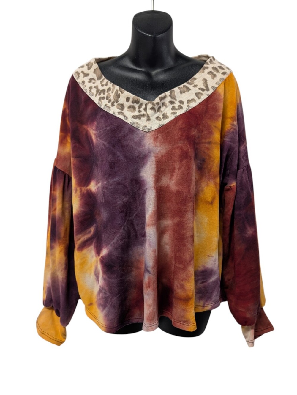 Fifth Ray Purple Orange Tie Dye V-Neck Long Sleeve Blouse Leopard Neck Large